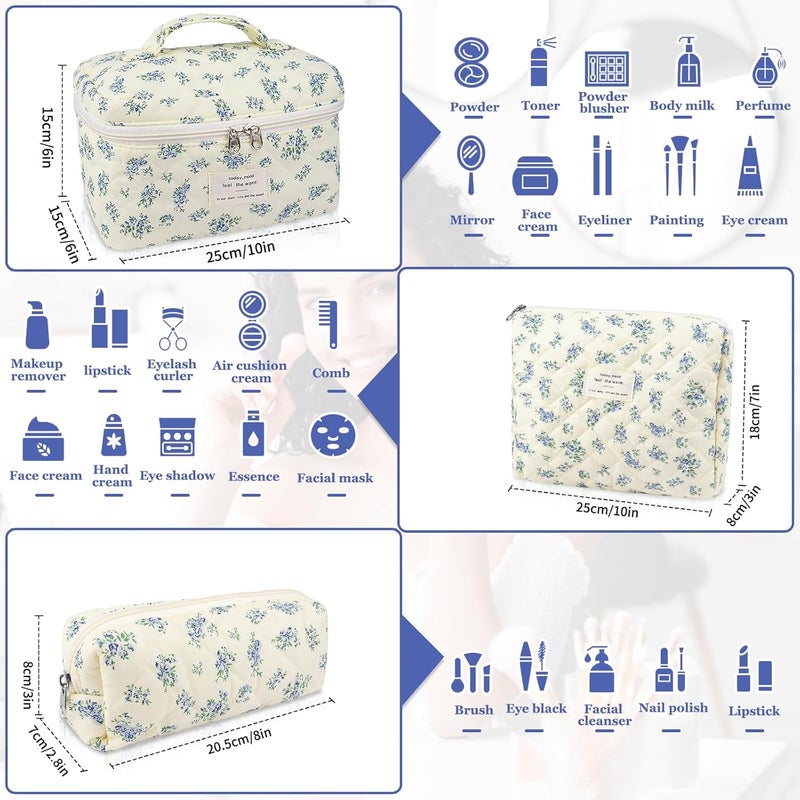 Gosect Makeup Bag Set, Quilted Makeup Bag, Large Floral Cosmetic Bag for Women, Cute Cotton Makeup Bags, Flower Travel Toiletry Organizer Bag (Blue Floer) - Image 2